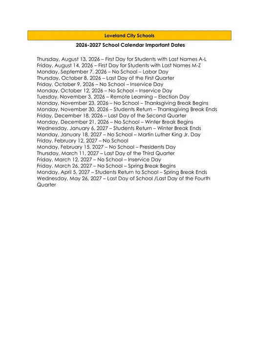 Loveland City Schools 2026–2027 Academic Calendar Page 2