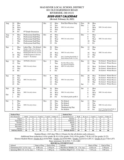 Mad River Local School District 2026–2027 Academic Calendar Page 1