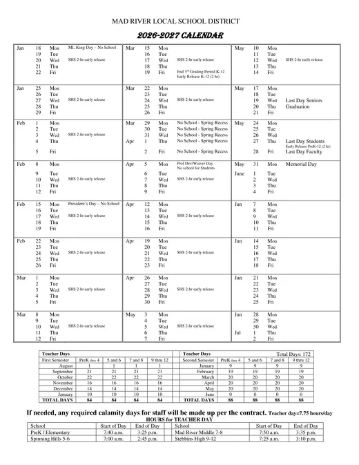 Mad River Local School District 2026–2027 Academic Calendar Page 2