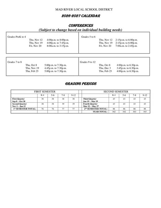Mad River Local School District 2026–2027 Academic Calendar Page 3
