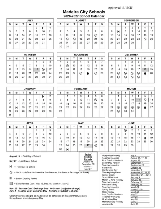 Madeira City Schools 2026–2027 Academic Calendar