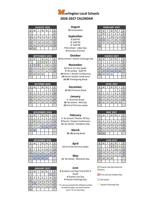 Marlington Local Schools 2026–2027 Academic Calendar