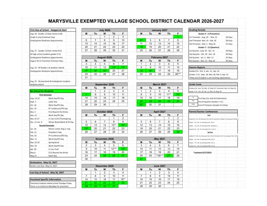 Marysville Exempted Village School District 2026–2027 Academic Calendar