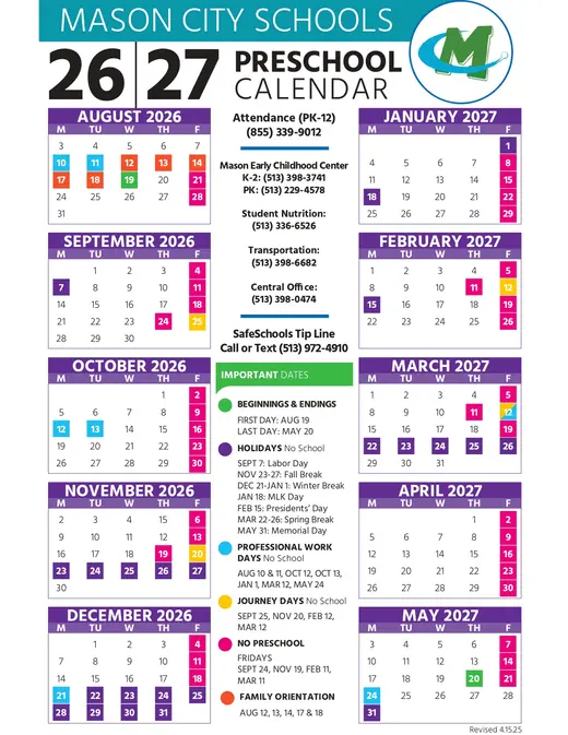Mason City Schools 2026–2027 Academic Calendar