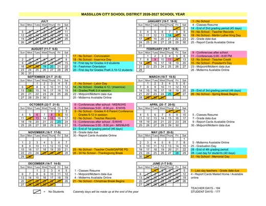 Massillon City School District 2026–2027 Academic Calendar