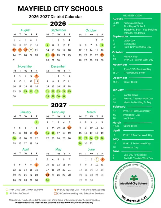 Mayfield City Schools 2026–2027 Academic Calendar