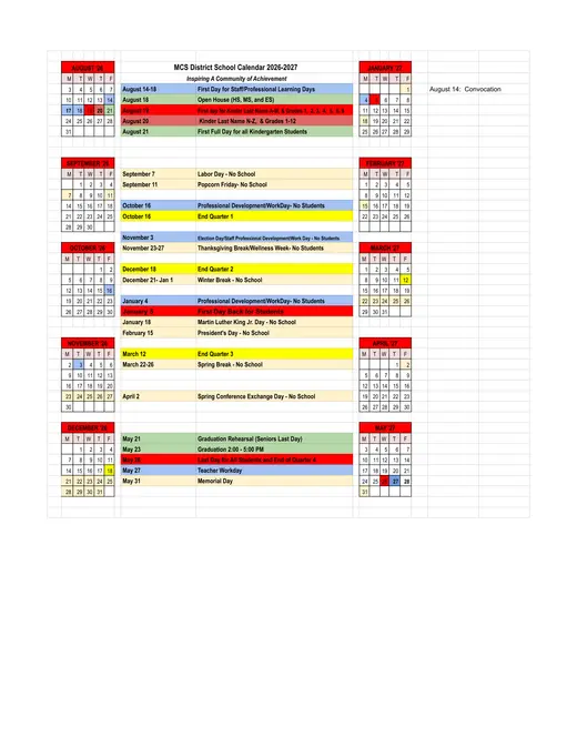 MCS District 2026–2027 Academic Calendar