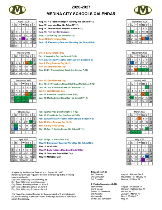 Medina City Schools 2026–2027 Academic Calendar