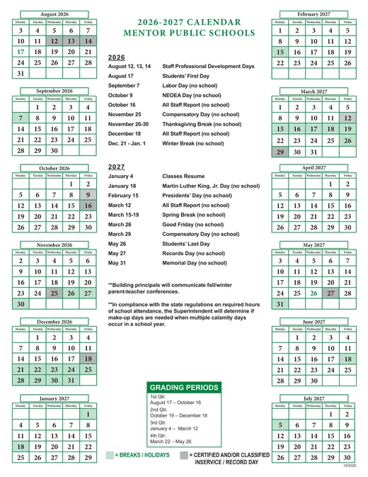 Mentor Public Schools 2026–2027 Academic Calendar