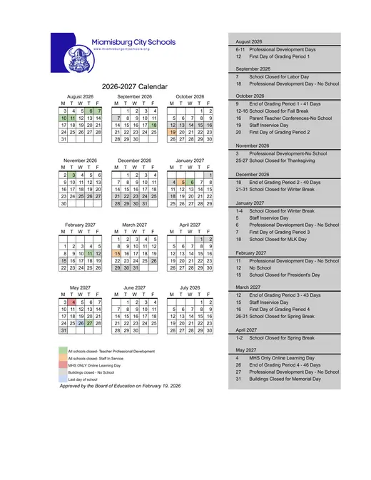 Miamisburg City Schools 2026–2027 Academic Calendar