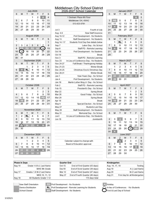 Middletown City School District 2026–2027 Academic Calendar