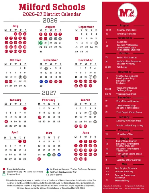 Milford Schools 2026–2027 Academic Calendar