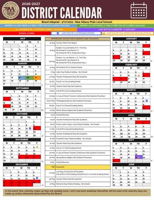 New Albany-Plain Local Schools 2026–2027 Academic Calendar