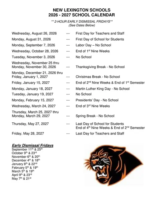 New Lexington Schools 2026–2027 Academic Calendar