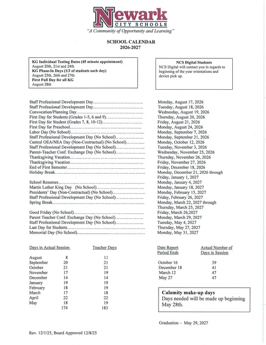 Newark City Schools 2026–2027 Academic Calendar