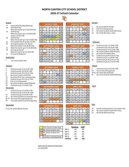 North Canton City School District 2026–2027 Academic Calendar