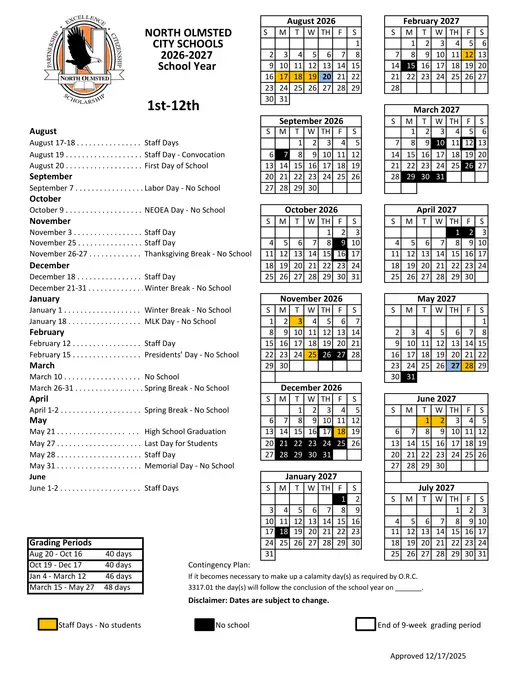 North Olmsted City Schools 2026–2027 Academic Calendar Page 1