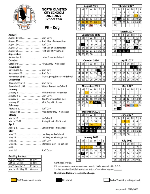 North Olmsted City Schools 2026–2027 Academic Calendar Page 2