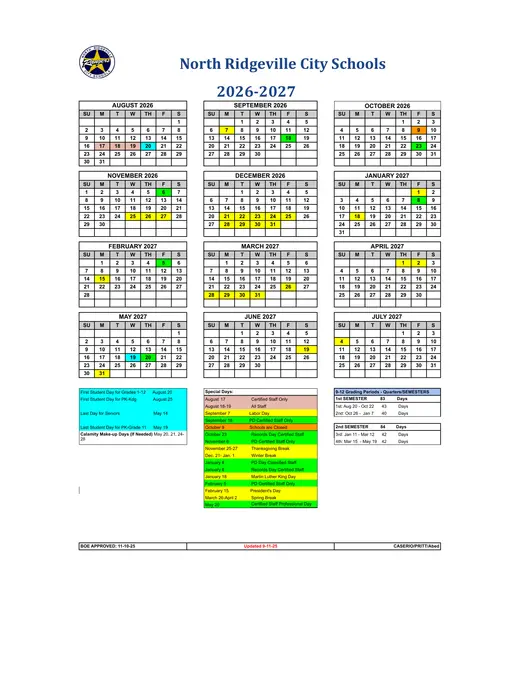 North Ridgeville City Schools 2026–2027 Academic Calendar