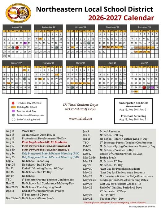 Northeastern Local School District 2026–2027 Academic Calendar Page 1