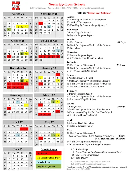 Northridge Local Schools 2026–2027 Academic Calendar