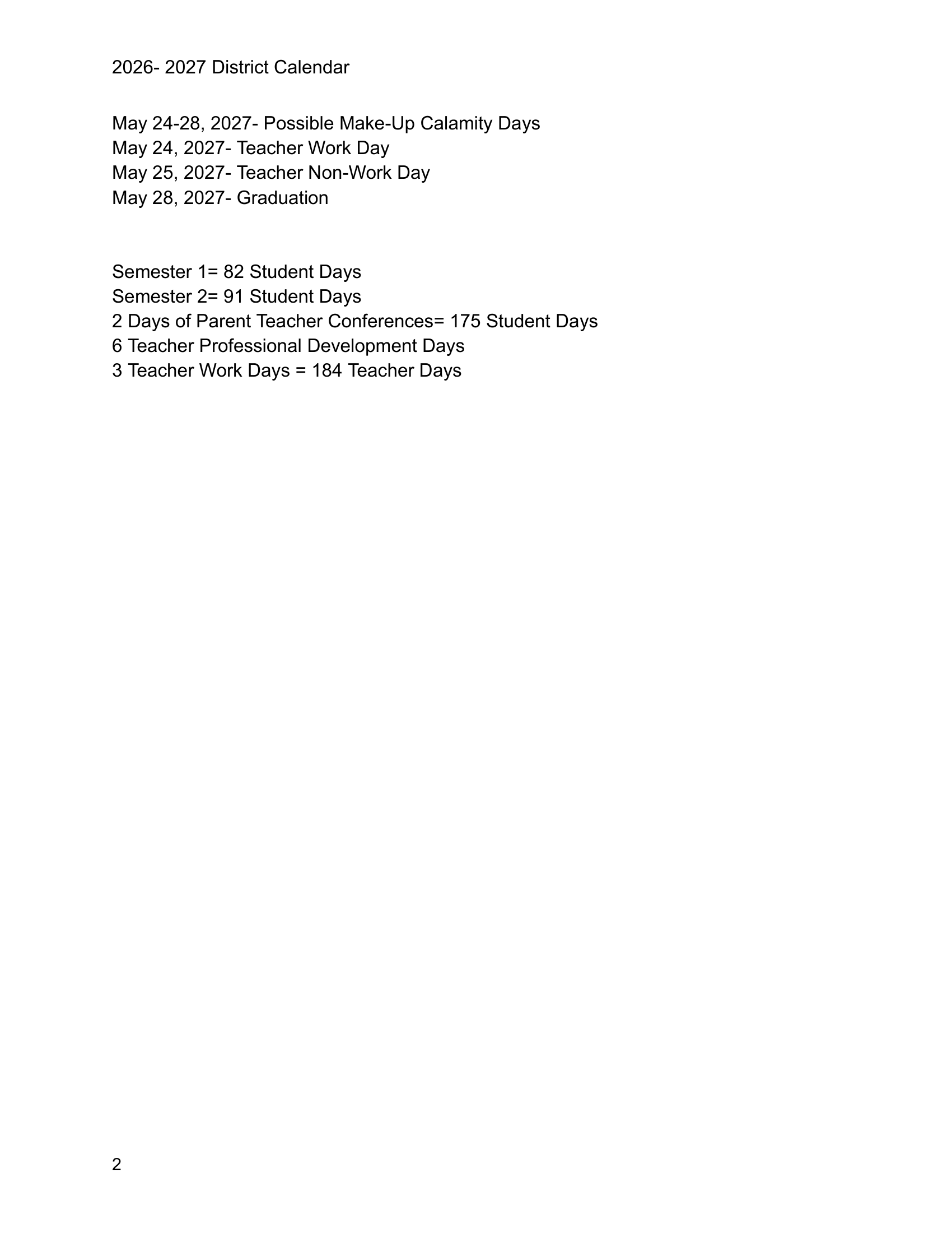 Northwestern Local School District 2026–2027 Academic Calendar Page 2