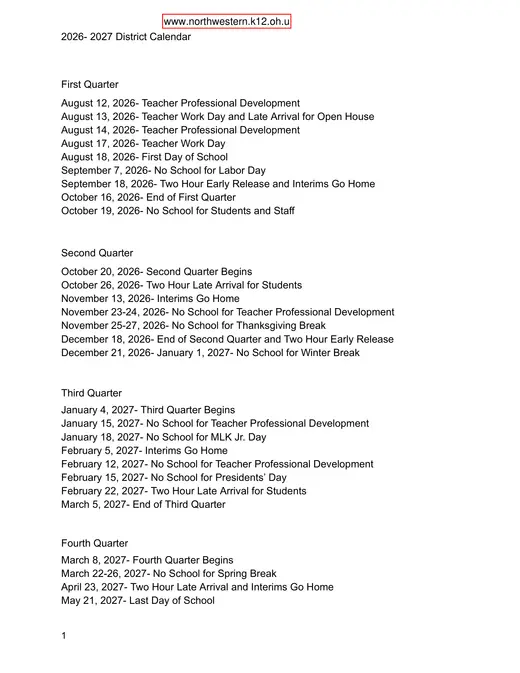 Northwestern Local School District 2026–2027 Academic Calendar Page 1