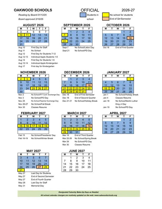 Oakwood Schools 2026–2027 Academic Calendar