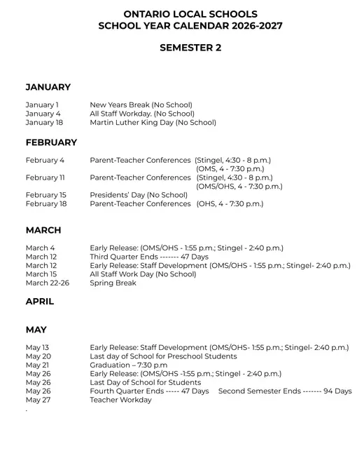 Ontario Local Schools 2026–2027 Academic Calendar Page 2