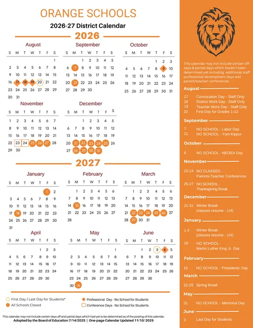 Orange Schools 2026–2027 Academic Calendar