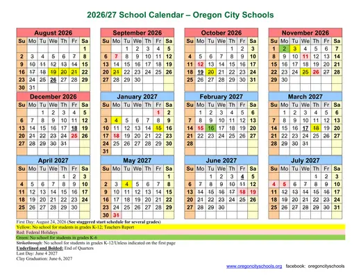 Oregon City Schools 2026–2027 Academic Calendar Page 1