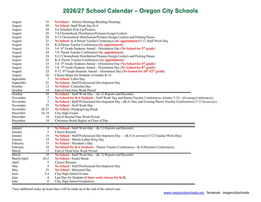 Oregon City Schools 2026–2027 Academic Calendar Page 2