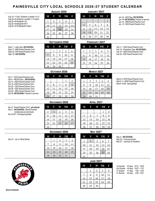 Painesville City Local Schools 2026–2027 Academic Calendar