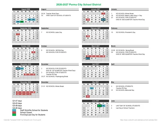 Parma City School District 2026–2027 Academic Calendar