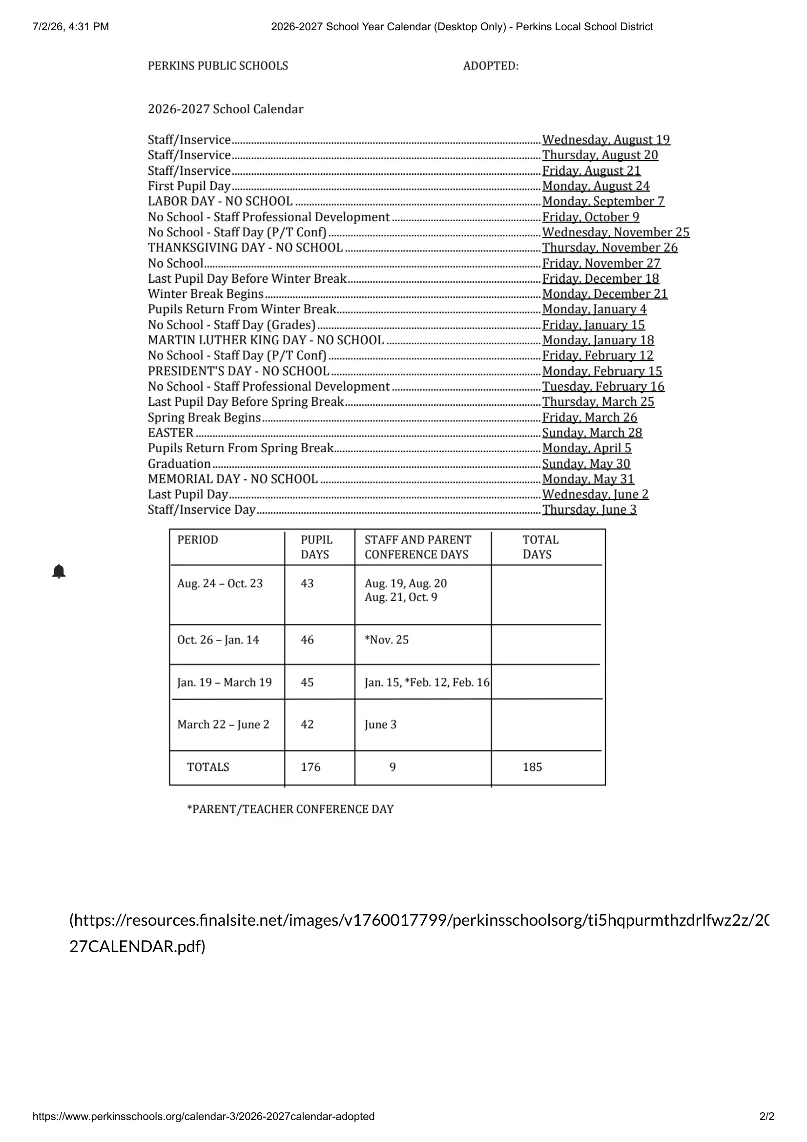 Perkins Public Schools 2026–2027 Academic Calendar Page 2