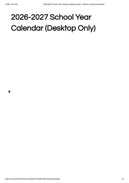 Perkins Public Schools 2026–2027 Academic Calendar Page 1