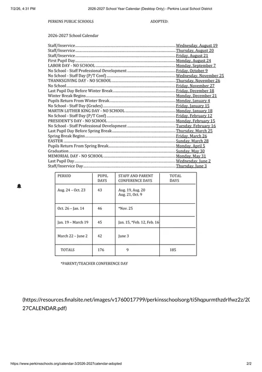 Perkins Public Schools 2026–2027 Academic Calendar Page 2