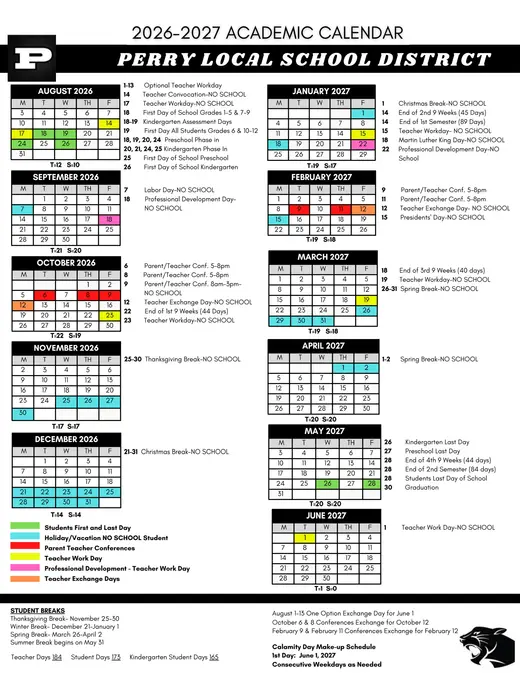 Perry Local School District 2026–2027 Academic Calendar