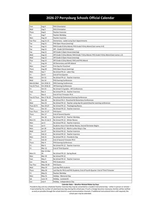 Perrysburg Schools 2026–2027 Academic Calendar