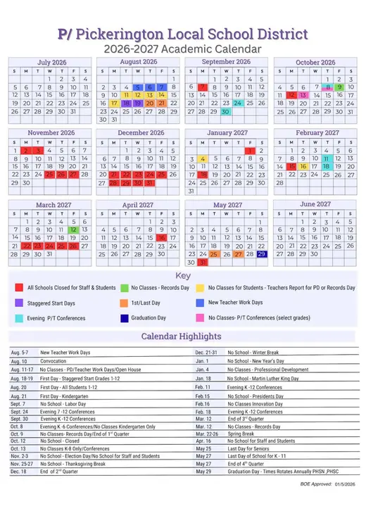 Pickerington Local School District 2026–2027 Academic Calendar
