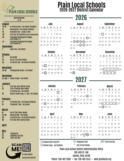Plain Local Schools 2026–2027 Academic Calendar