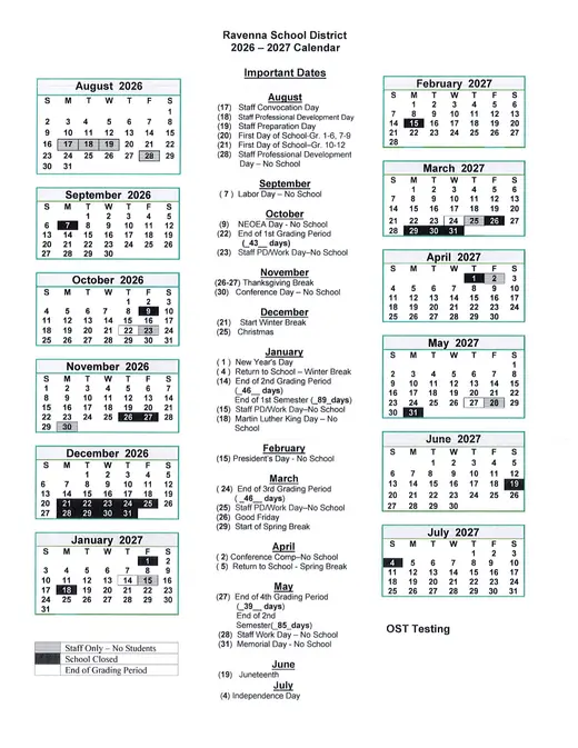 Ravenna School District 2026–2027 Academic Calendar