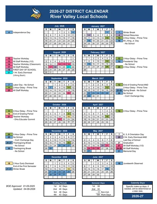 River Valley Local Schools 2026–2027 Academic Calendar