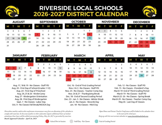 Riverside Local Schools 2026–2027 Academic Calendar