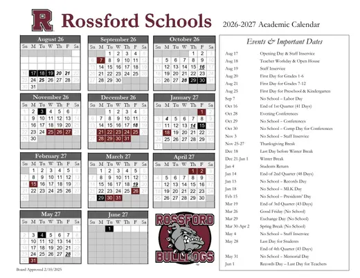 Rossford Schools 2026–2027 Academic Calendar