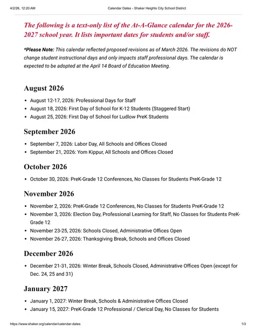 Shaker Heights City School District 2026–2027 Academic Calendar Page 1