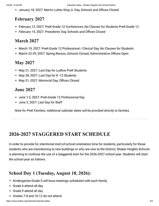 Shaker Heights City School District 2026–2027 Academic Calendar Page 2