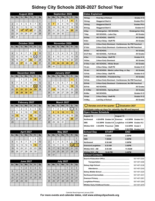 Sidney City Schools 2026–2027 Academic Calendar
