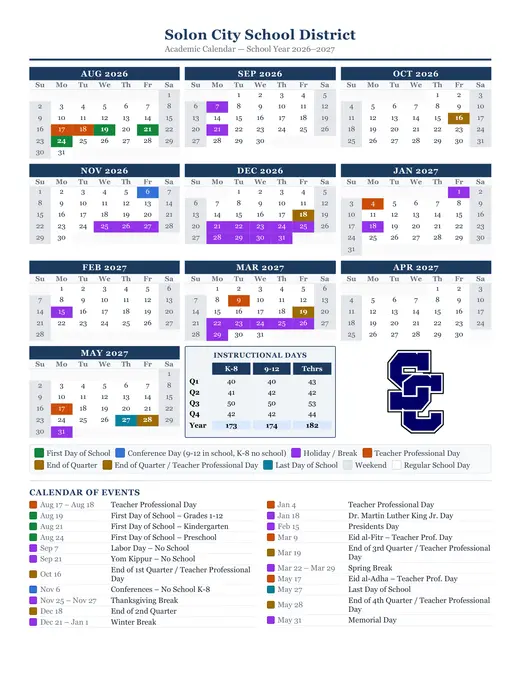 Solon City School District 2026–2027 Academic Calendar