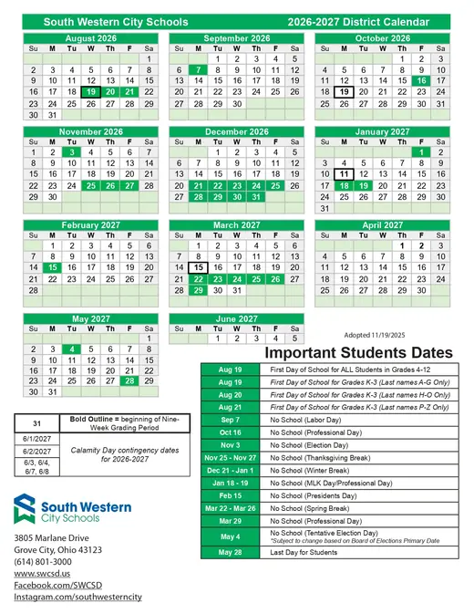 South Western City Schools 2026–2027 Academic Calendar